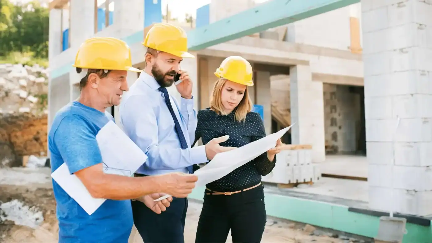 Equipo técnico revisando una obra de vivienda unifamiliar