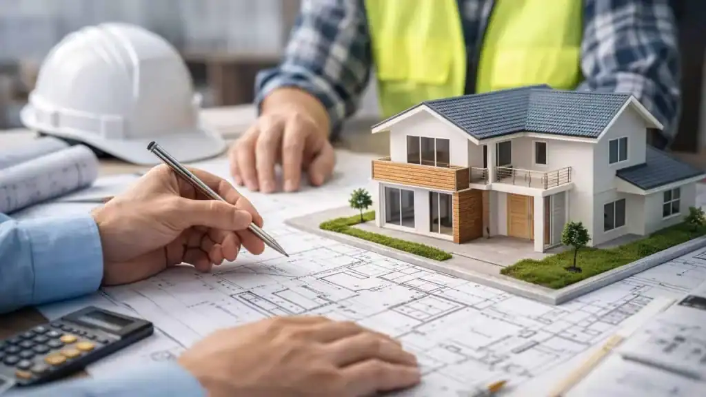 Maqueta y planos de proyecto para explicar las fases de una vivienda unifamiliar