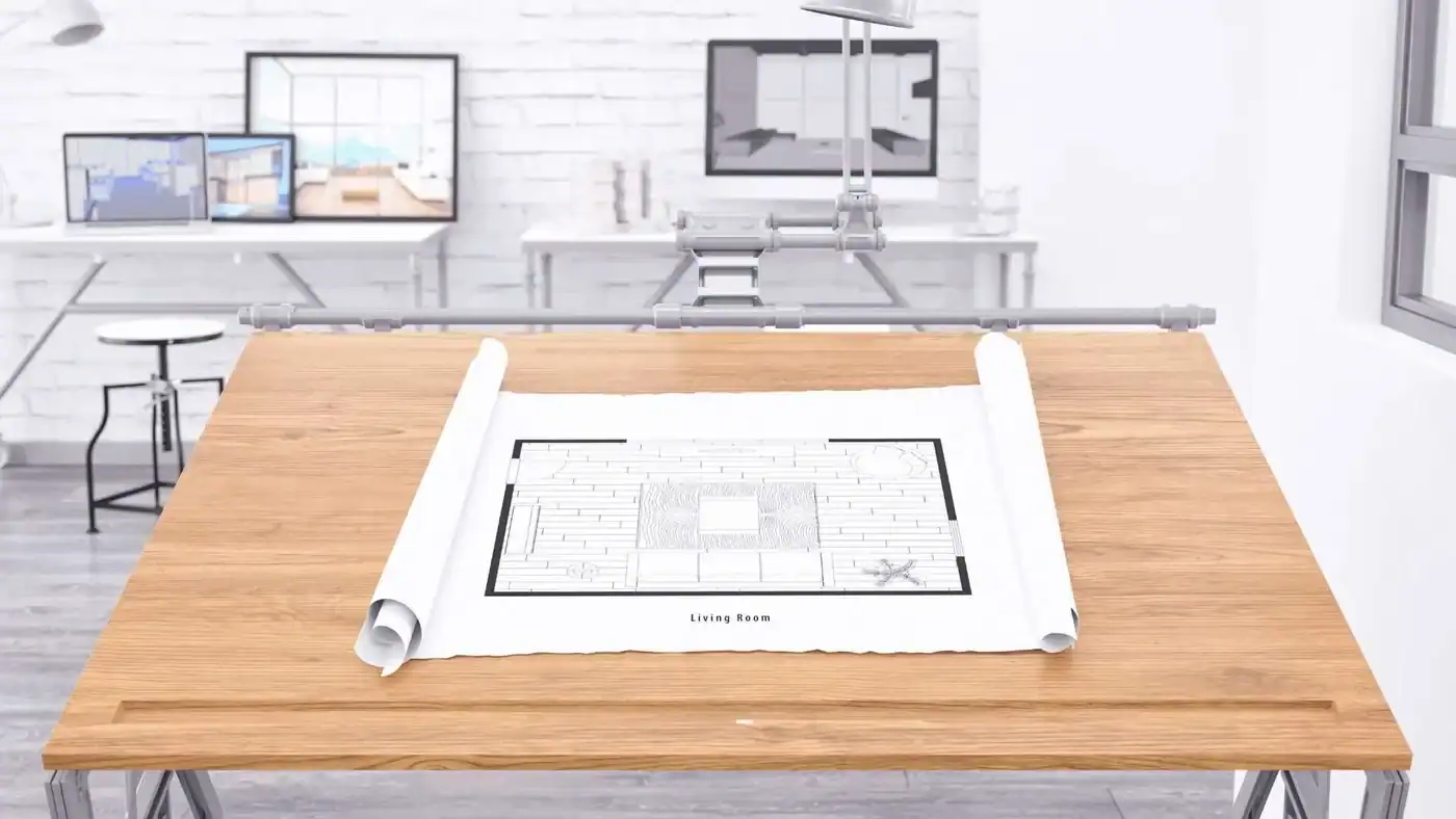 Mesa de trabajo con planos para preparar la documentación de licencia