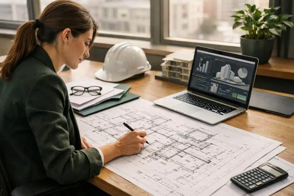 Arquitecta trabajando en planos técnicos para licencia de obra mayor en Zaragoza 2026