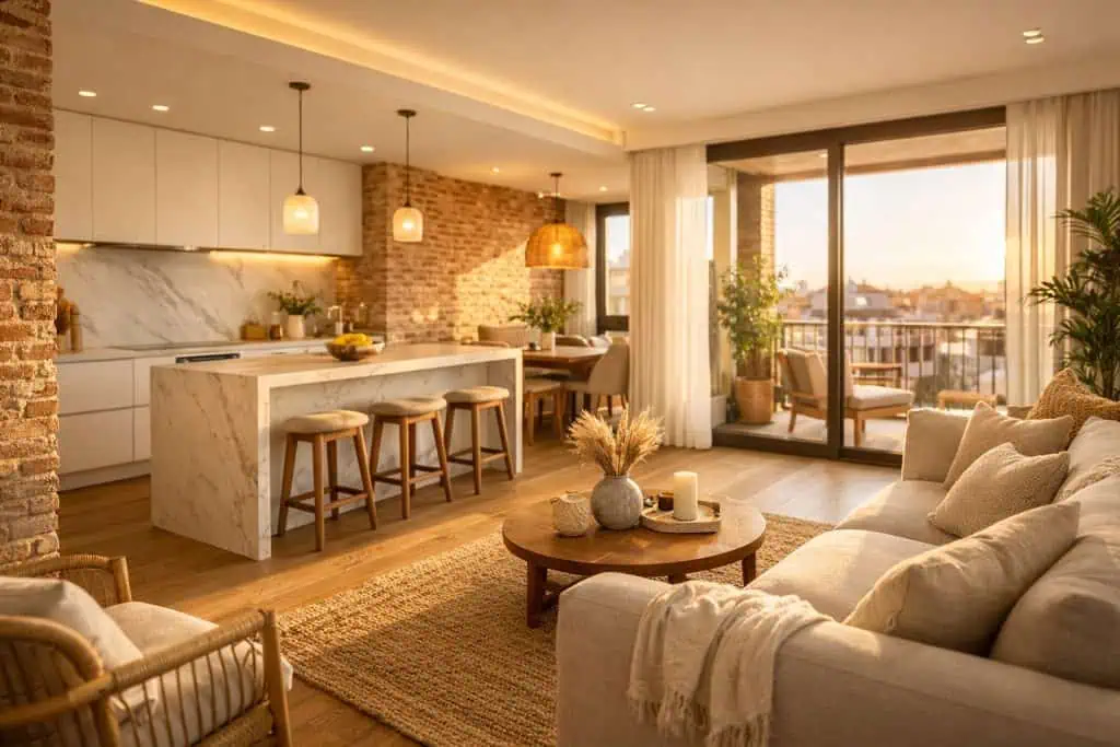 Reforma integral en Zaragoza - cocina y salon modernos con acabados de calidad profesional