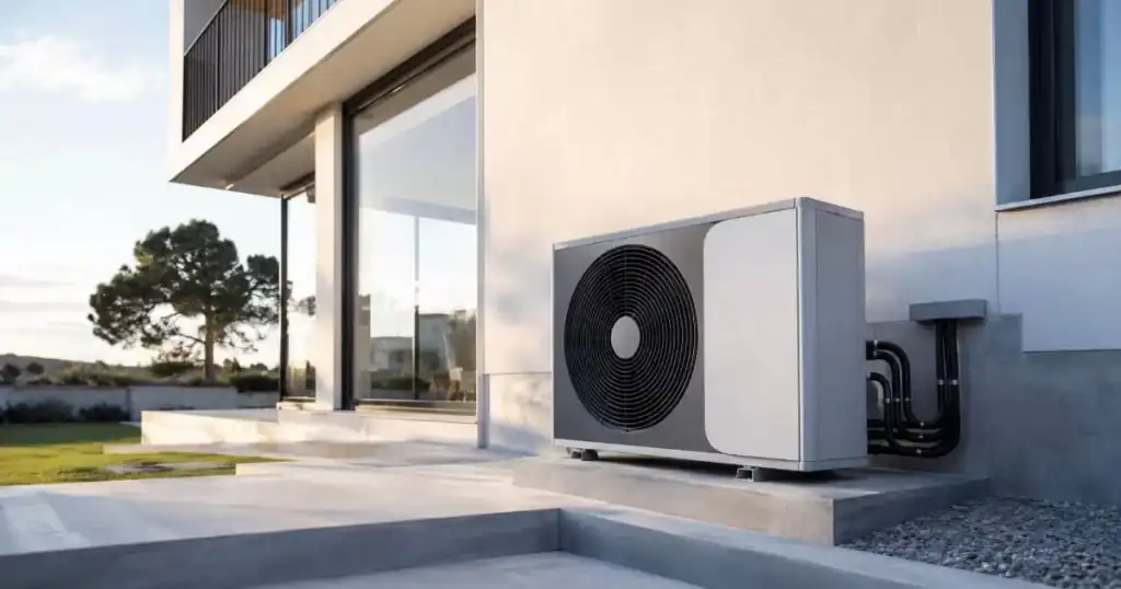 Unidad exterior de bomba de calor de aerotermia en vivienda moderna sistema de climatizacion eficiente