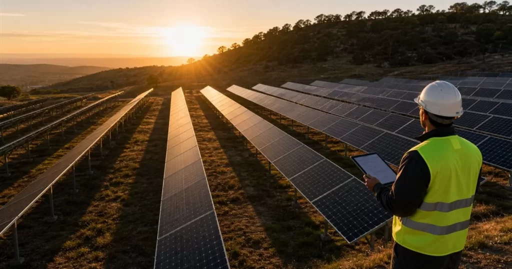 Parque fotovoltaico al amanecer con sombras entre filas e ingeniero analizando trayectoria solar, analisis de sombras en parques fotovoltaicos