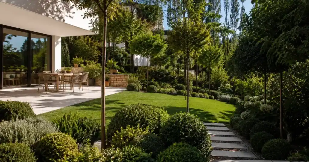 Jardin residencial con arboles pequenos ornamentales y zona ajardinada cuidada