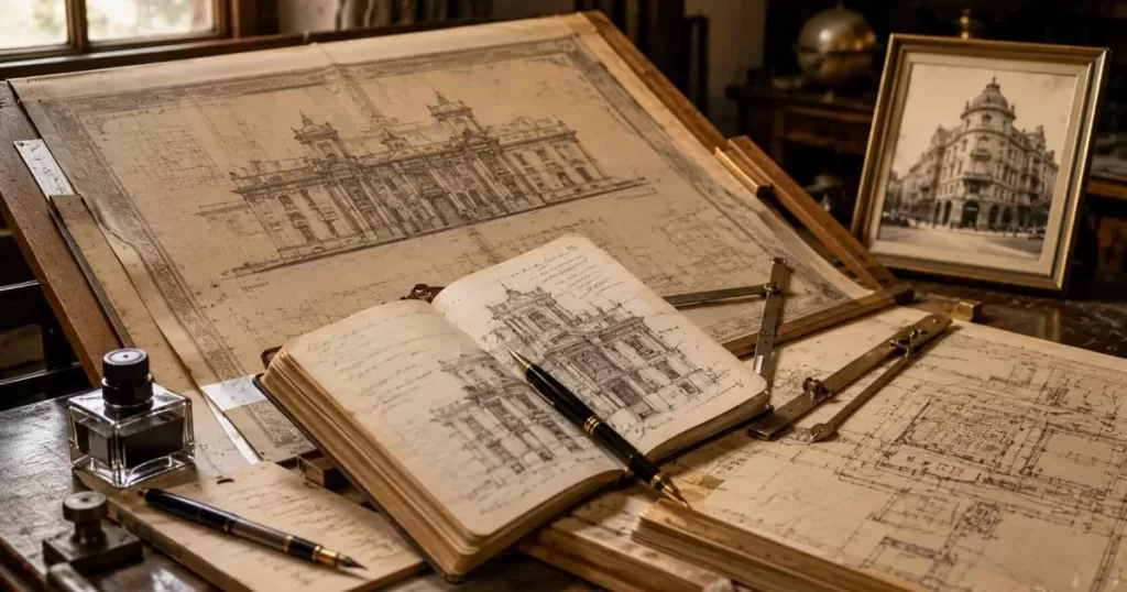 Estudio vintage de arquitectura con mesa de dibujo, libreta de bocetos arquitectónicos abierta, planos antiguos, tintero, escalímetros de bronce y fotografía enmarcada de edificio modernista