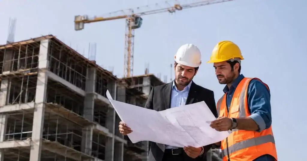 Arquitecto y constructor colaborando en obra revisando planos junto a edificio en construccion
