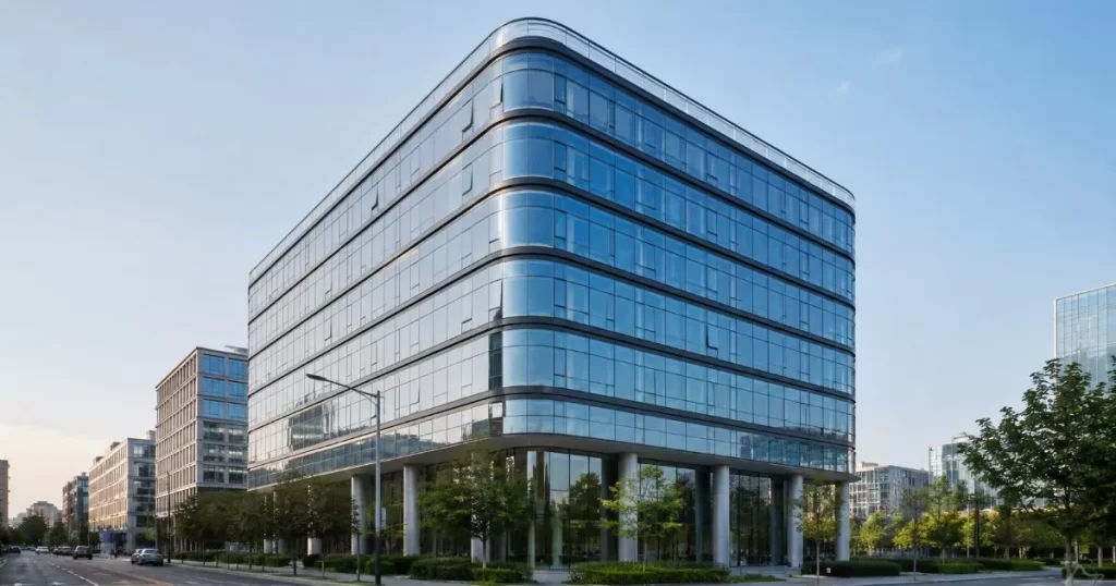 Edificio de oficinas corporativo moderno con fachada acristalada en Zaragoza