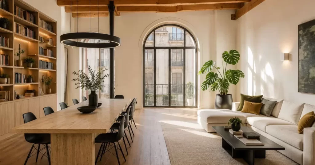 Salón comedor histórico reformado integralmente en Zaragoza con vigas de roble vistas, biblioteca empotrada, ventanal en arco restaurado, mesa de mármol travertino y sofá esquinero de lino