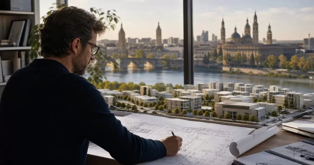 Arquitecto en Zaragoza revisando planos urbanos y maqueta de desarrollo de ciudad con edificios modernos