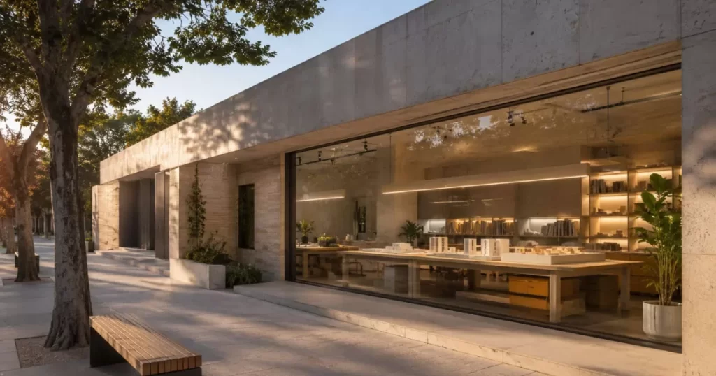 Vista exterior de estudio de arquitectura moderno en Zaragoza con fachada de piedra natural beige y hormigón visto, ventanal acristalado con maquetas visibles en el interior