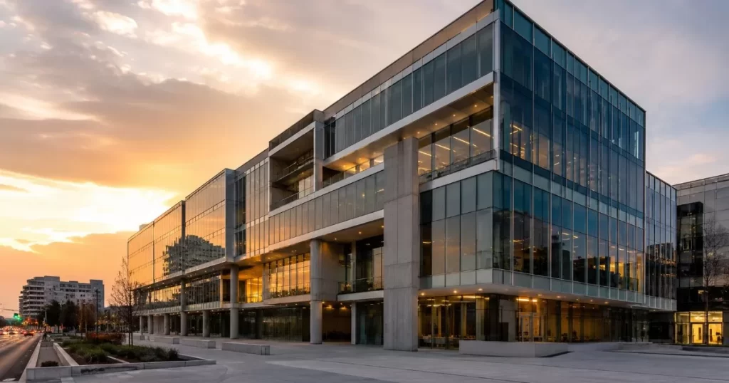 Edificio de arquitectura moderna urbana al atardecer