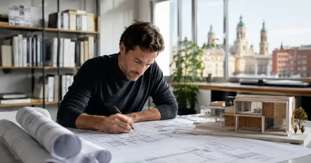 arquitecto en su estudio en Zaragoza revisando planos junto a una maqueta de vivienda moderna