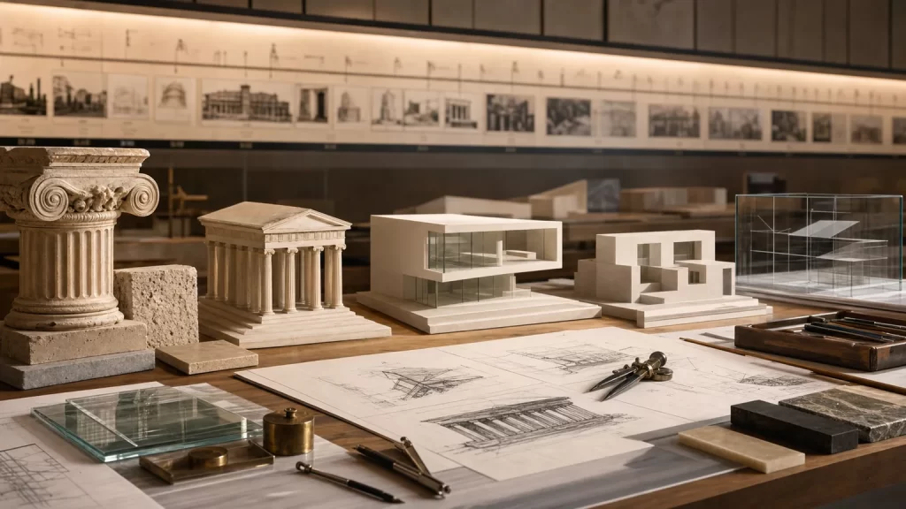 Imagen editorial sobre arquitectos famosos con modelos clasicos y modernos, bocetos y materiales arquitectonicos