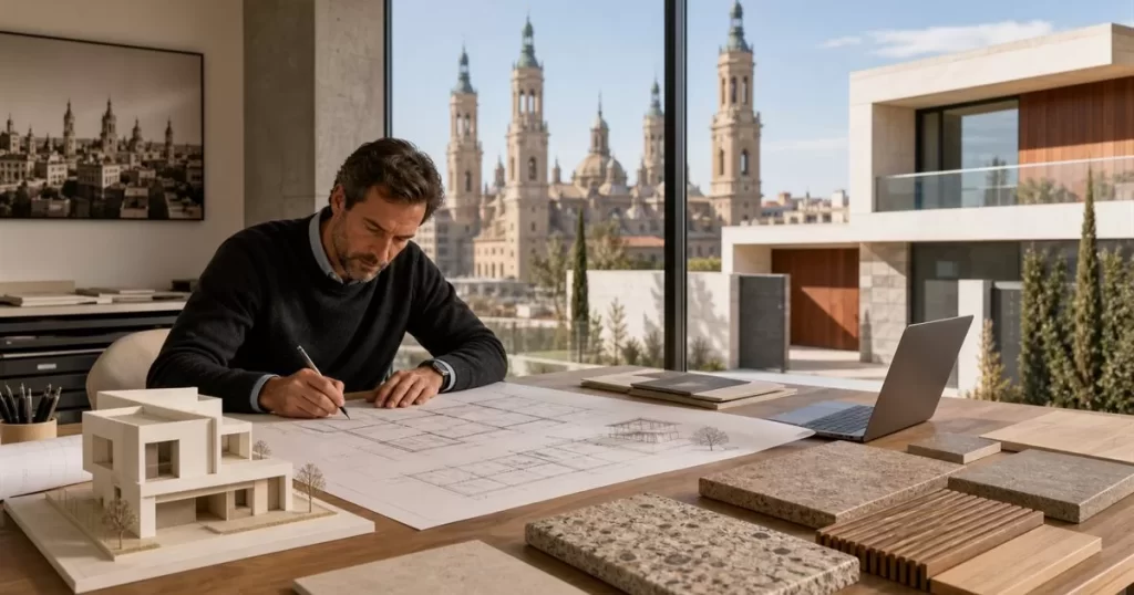 Estudio de arquitectura en Zaragoza con arquitecto revisando planos maqueta y materiales de vivienda