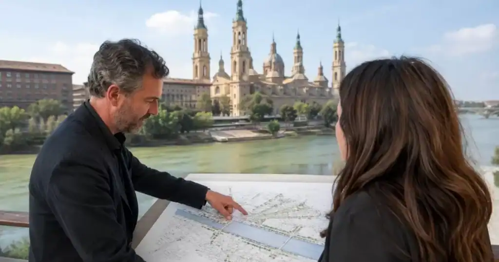 Arquitecto local de Zaragoza mostrando proyecto con la Basilica del Pilar al fondo ventaja local