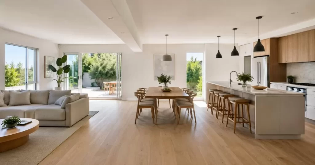 interior de vivienda reformado moderno diafano y luminoso con salon y cocina abierta