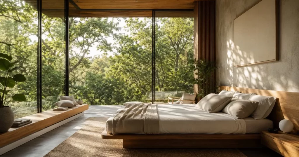 espacio arquitectonico biofilo con luz natural plantas y materiales naturales que fomenta el bienestar y la salud