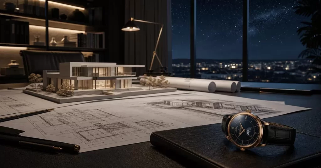 Estudio de arquitectura de lujo con maqueta de vivienda planos y reloj astronomico como simbolo de exclusividad
