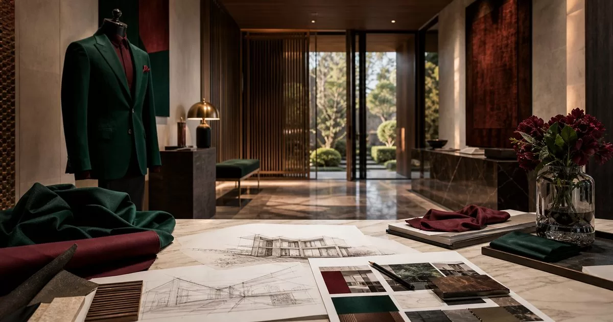 Interior de arquitectura de lujo con bocetos telas nobles y moodboard de diseño de alta gama
