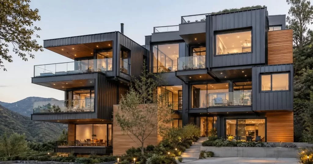 arquitectura modular moderna con edificio compuesto de modulos prefabricados de fachada metalica y madera
