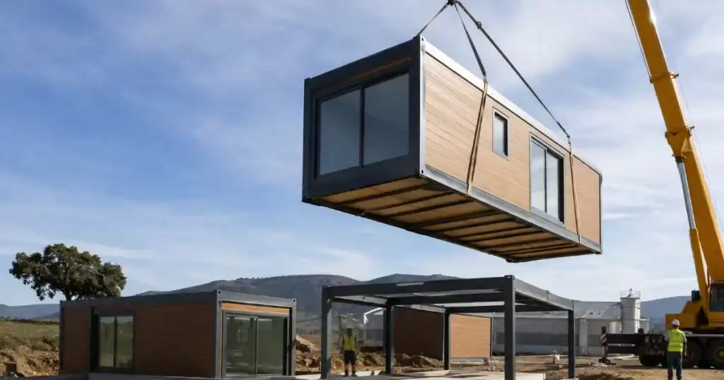 Modulo prefabricado de arquitectura modular siendo instalado en entorno rural industrial con grua