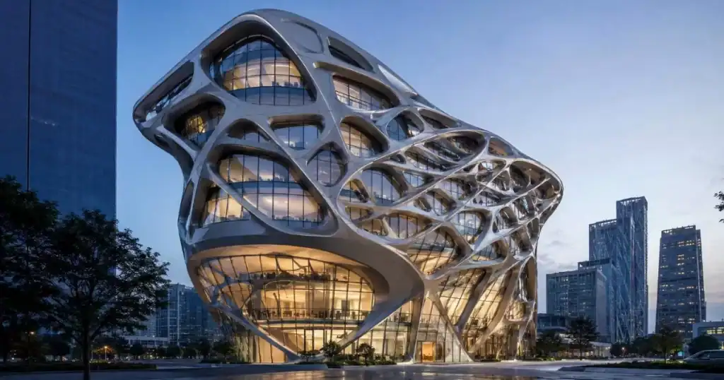 Edificio de arquitectura parametrica con fachada geometrica compleja y diseno generativo espectacular