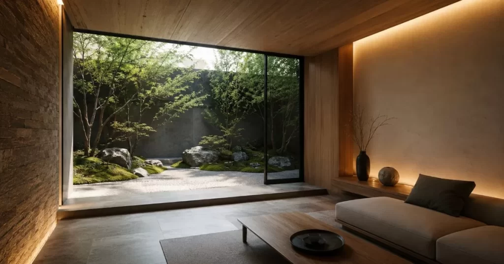 espacio arquitectonico minimalista como refugio tranquilo con madera piedra natural y jardin zen iluminado