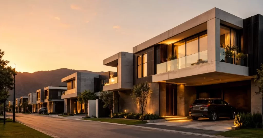 Conjunto de viviendas residenciales contemporaneas de lineas modernas al atardecer arquitectura residencial