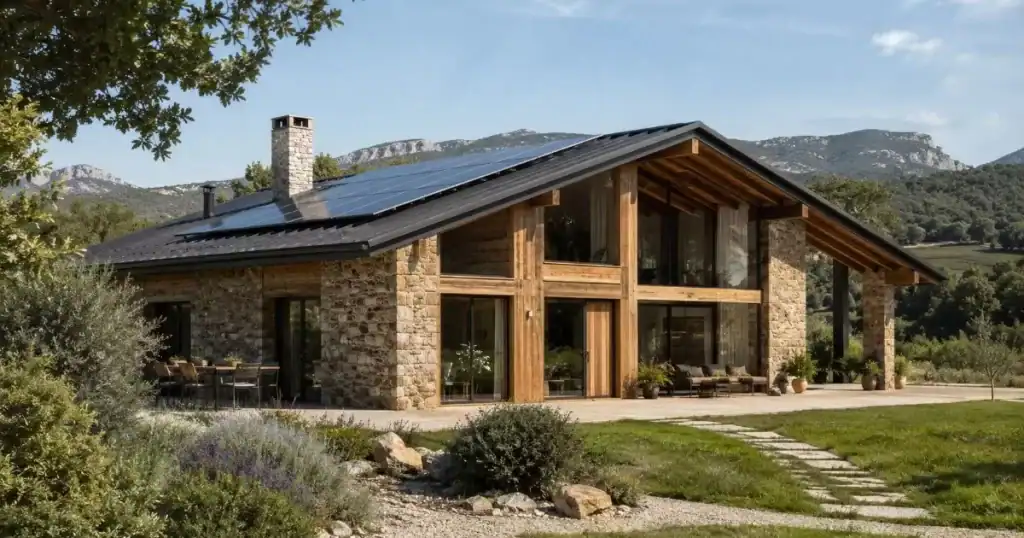 Casa rural sostenible de arquitectura moderna en campo espanol con materiales naturales y paneles solares