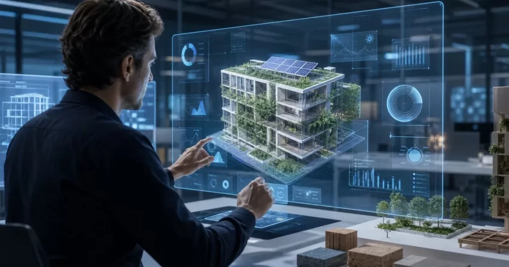 Arquitecto usando inteligencia artificial con modelo generativo de edificio sostenible, arquitectura sostenible 2025 IA en construccion