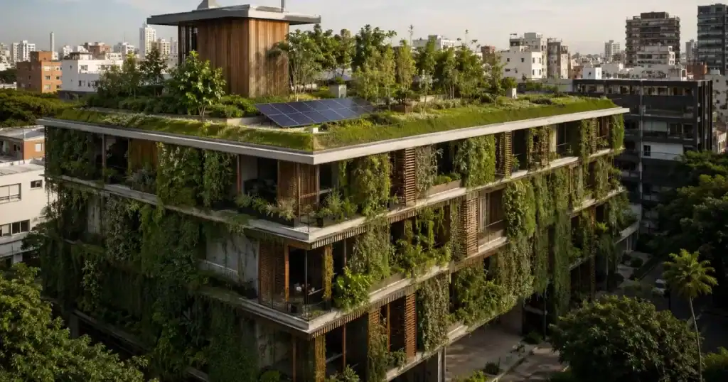 Edificio bioclimatico sostenible con fachada verde azotea ajardinada y paneles solares en ciudad