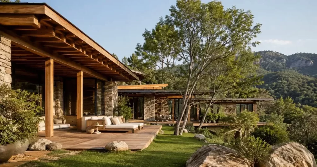 Vivienda unifamiliar bioclimatica de madera y piedra integrada en el paisaje arquitectura sostenible