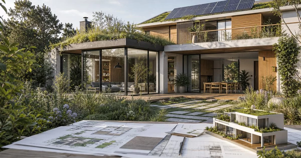 Vivienda sostenible con paneles solares vegetacion materiales ecologicos y planos de diseno ecoamigable