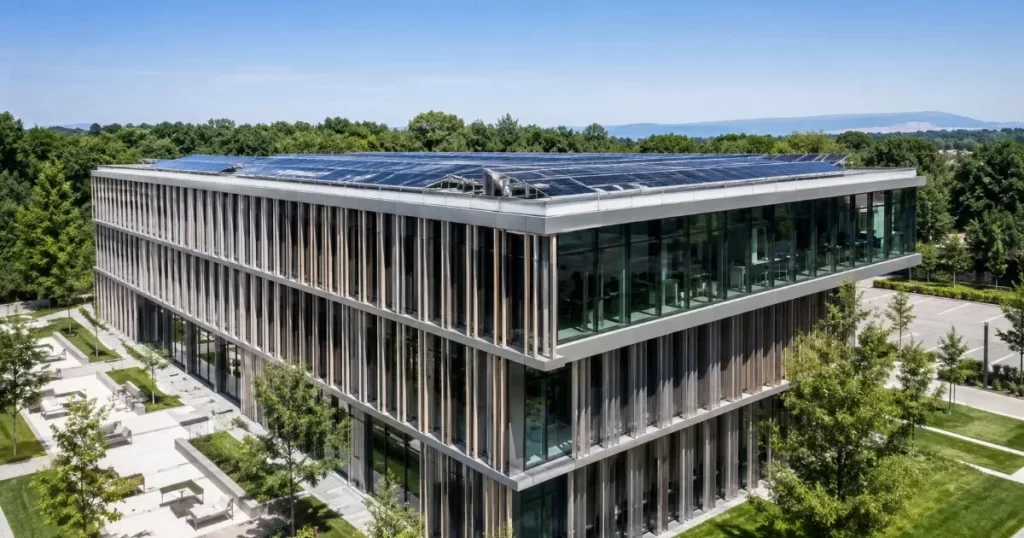 Edificio de oficinas eficiente con lamas de proteccion solar y placas fotovoltaicas arquitectura sostenible