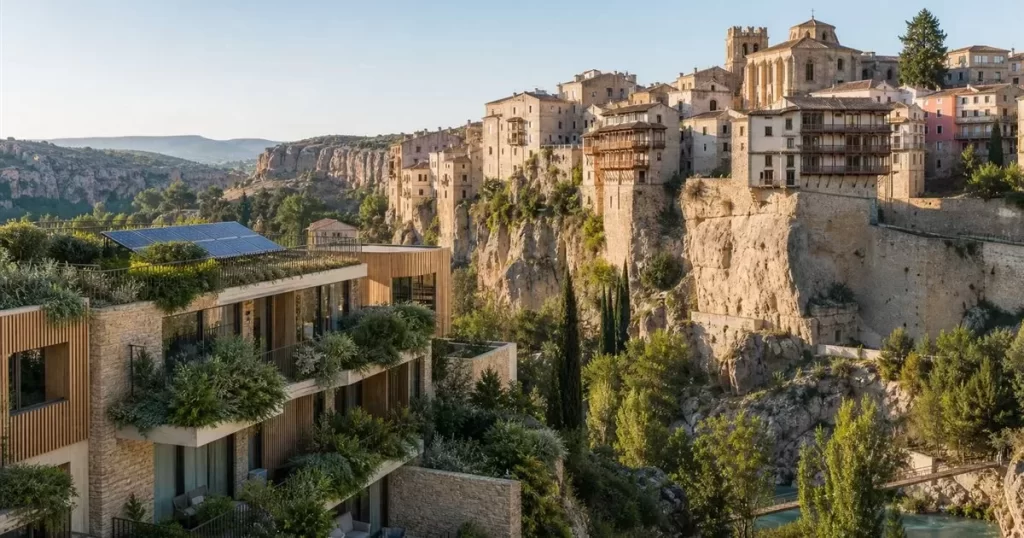 Vista de Cuenca con las Casas Colgadas y arquitectura moderna sostenible, arquitectura sostenible y proyectos urbanos en Cuenca