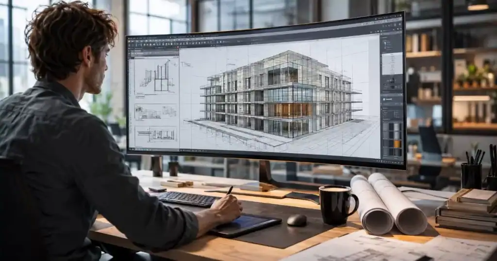 Arquitecto con software BIM avanzado y visualizacion 3D de edificio con big data e inteligencia artificial