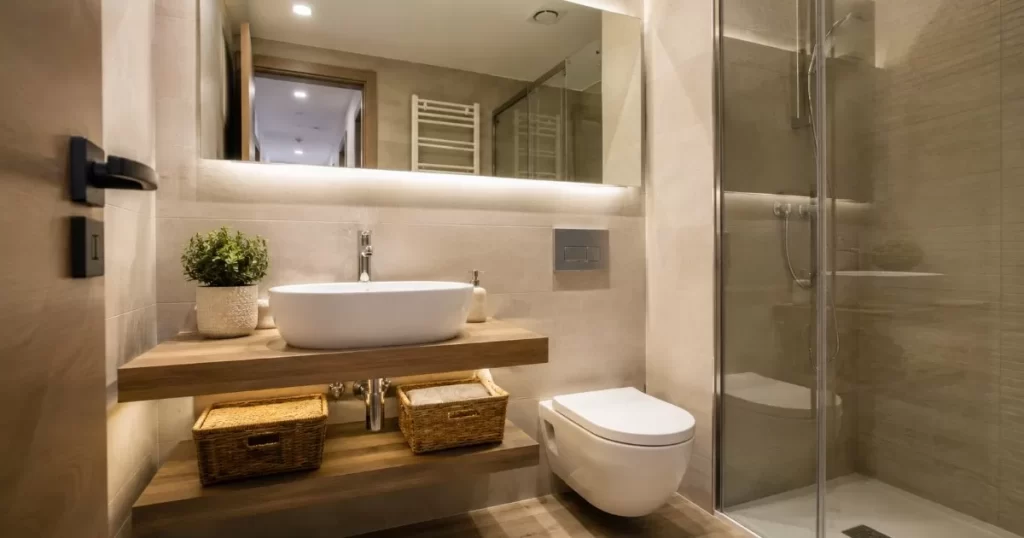 Aseo pequeno moderno y funcional con lavabo de diseno y espejo grande en Zaragoza