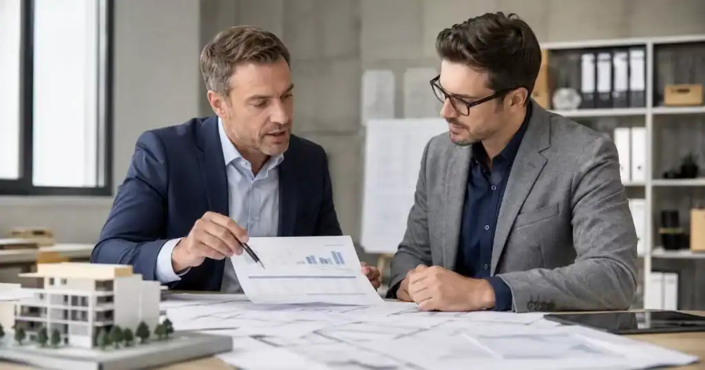 Asesor financiero y arquitecto revisando documentos de financiacion de proyecto