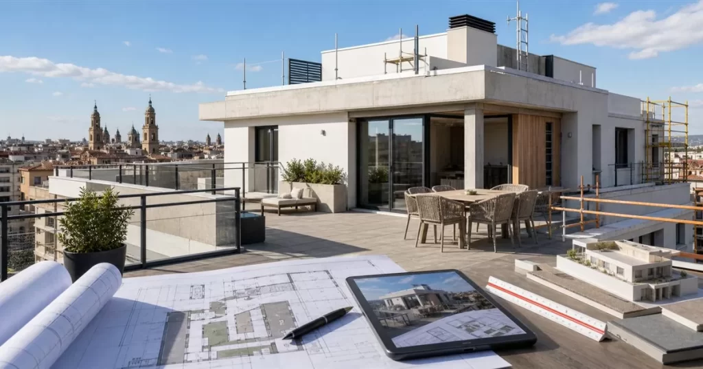 Atico de obra nueva en Zaragoza con terraza retranqueos barandilla planos de arquitectura y normativa urbanistica