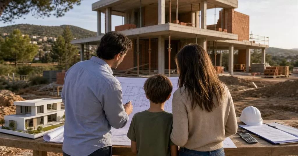 Familia y arquitecto revisando planos de autopromocion ante una vivienda unifamiliar en construccion