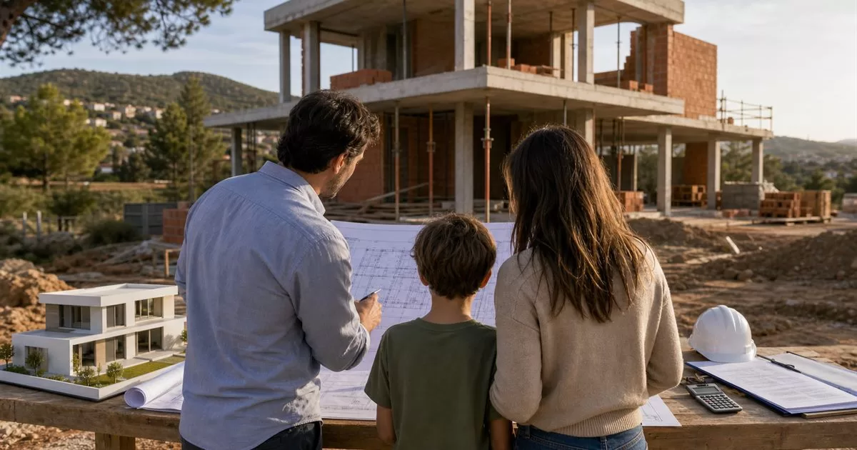 Familia y arquitecto revisando planos de autopromocion ante una vivienda unifamiliar en construccion