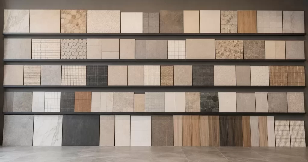 Muestrario de azulejos y baldosas ceramicas de distintos tonos para proyectos de arquitectura