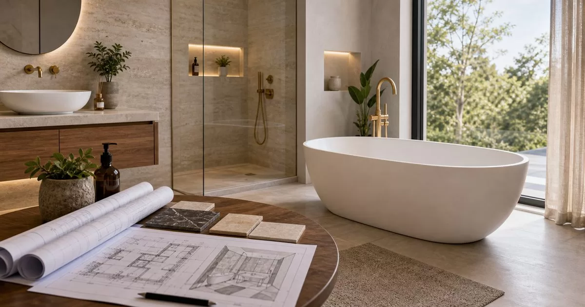 Baño premium con bañera exenta griferia de diseño planos de reforma y muestras de materiales