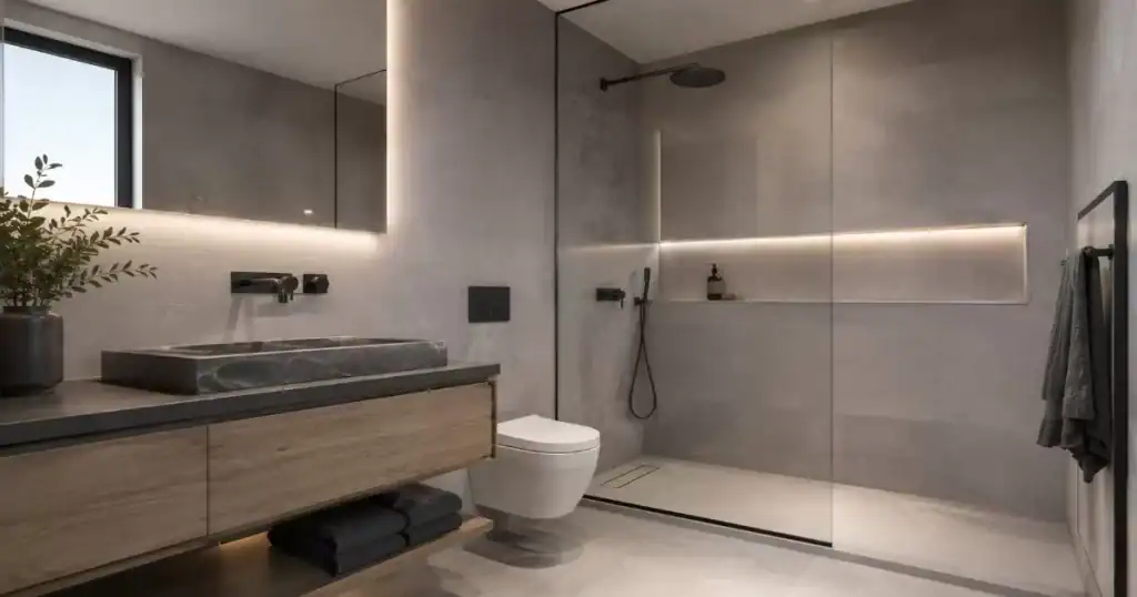 Bano moderno con ducha de obra mampara de vidrio griferia negra y azulejos de gran formato