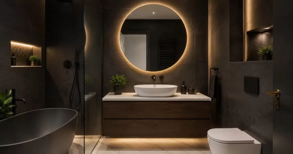 Baño moderno pequeño de lujo con bañera exenta gris oscura, espejo redondo retroiluminado, paredes negro antracita, mueble madera roble oscuro y suelo mármol blanco