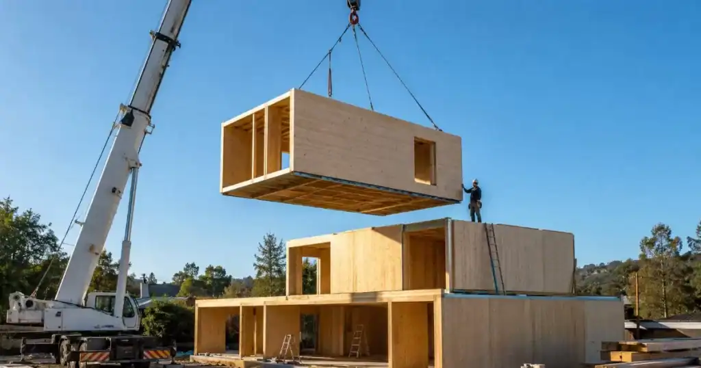 Grua colocando un modulo prefabricado de madera en una vivienda modular en construccion, beneficios de la construccion modular