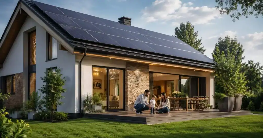 casa unifamiliar moderna con paneles solares en tejado y energia solar sostenible