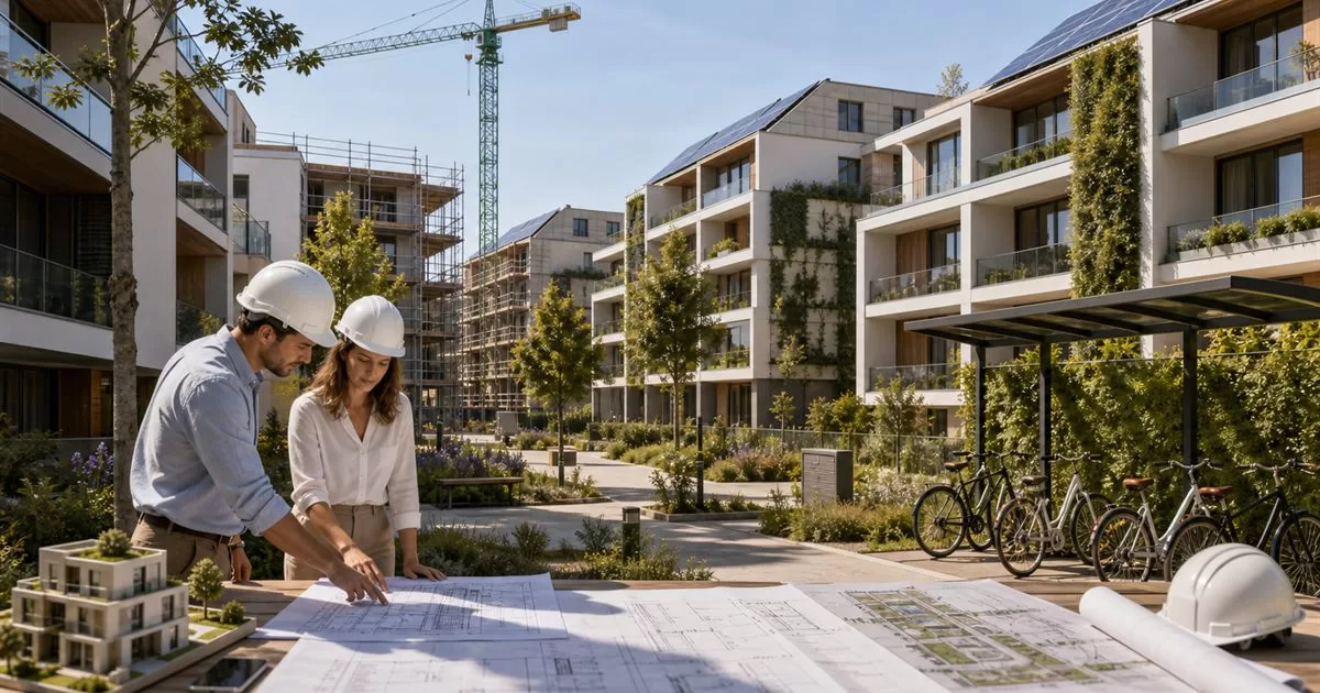 Conjunto de viviendas sostenibles con paneles solares zonas verdes y arquitectos revisando planos