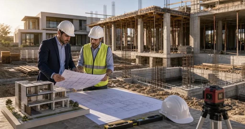 Arquitecto e ingeniero revisando planos estructurales en obra con cimentacion pilares vigas y maqueta