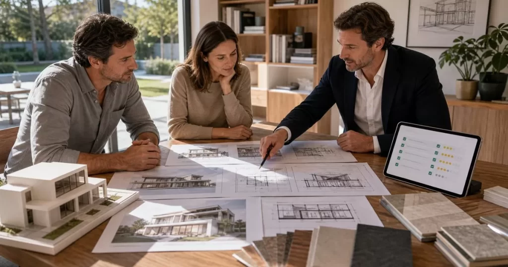 Cliente y arquitecto revisando propuestas planos maqueta y criterios para elegir el mejor arquitecto